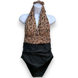NWT CUPSHE Black Brown Cheetah Plunge Halter Shirred One Piece Swimsuit Size L